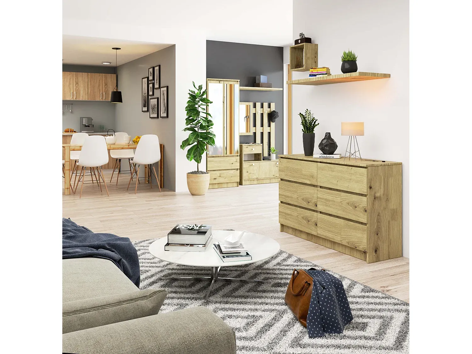 Große Kommode aus Naturholz mit 6 Schubladen