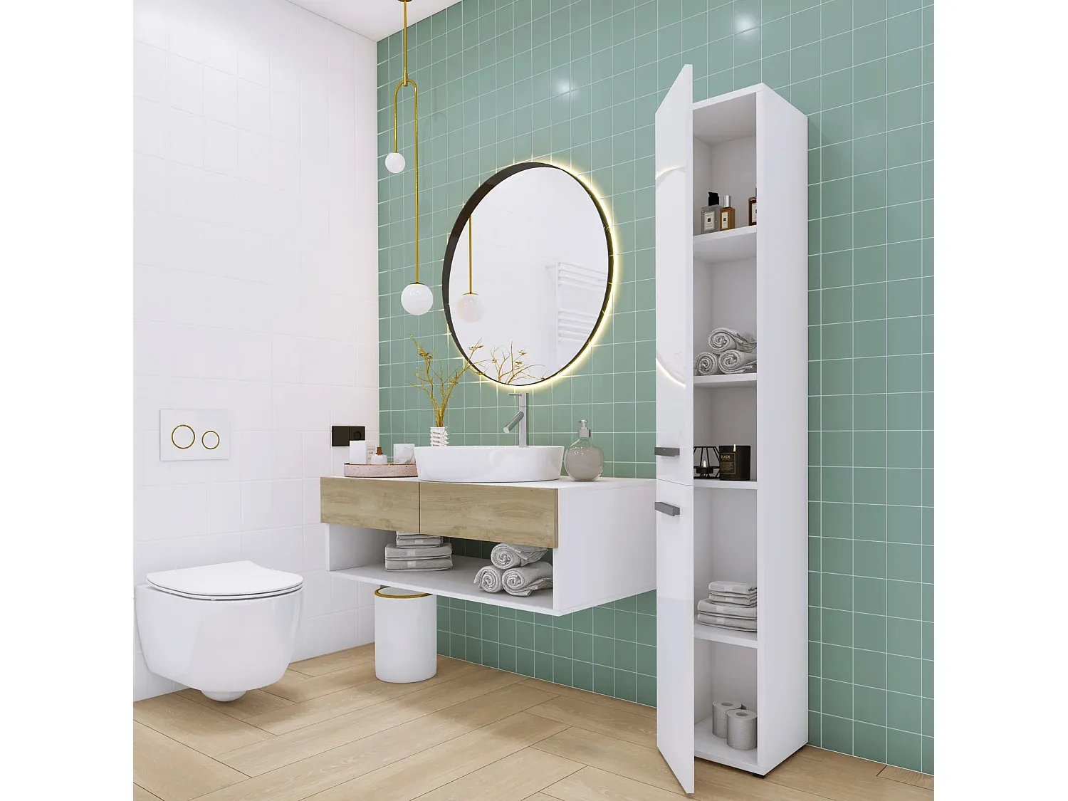 Moderner Hochschrank für Badezimmer, Weiß, 32x30x170 cm