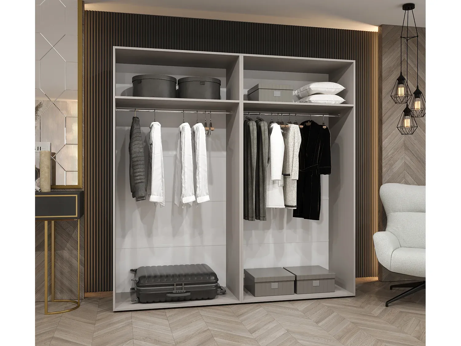 Großer Dachbodenkleiderständer mit Regalen und Schrank