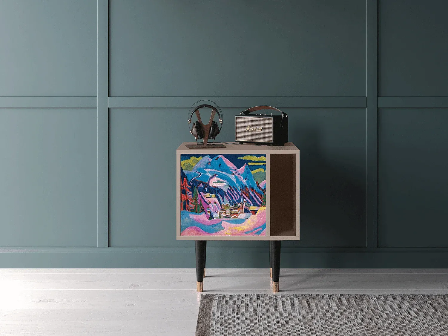 Moderner Nachttisch mit Glowworms Design, Holzfarbe