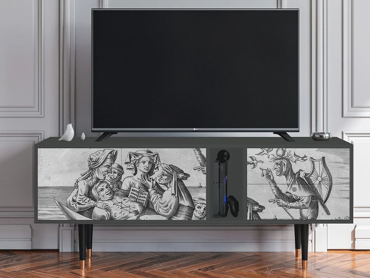 Moderner TV-Schrank mit Kabelführung und Schublade in Weiß/Schwarz