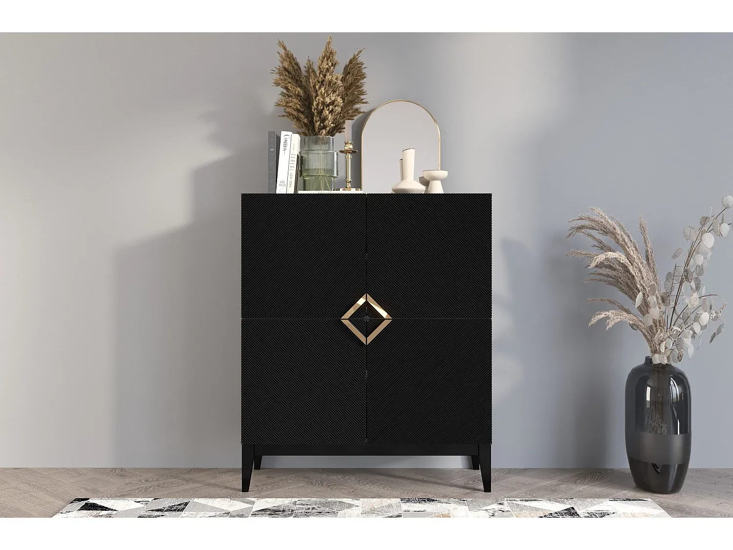 Moderne Kommode mit 3 Türen und Metallrahmen, Blaumatt