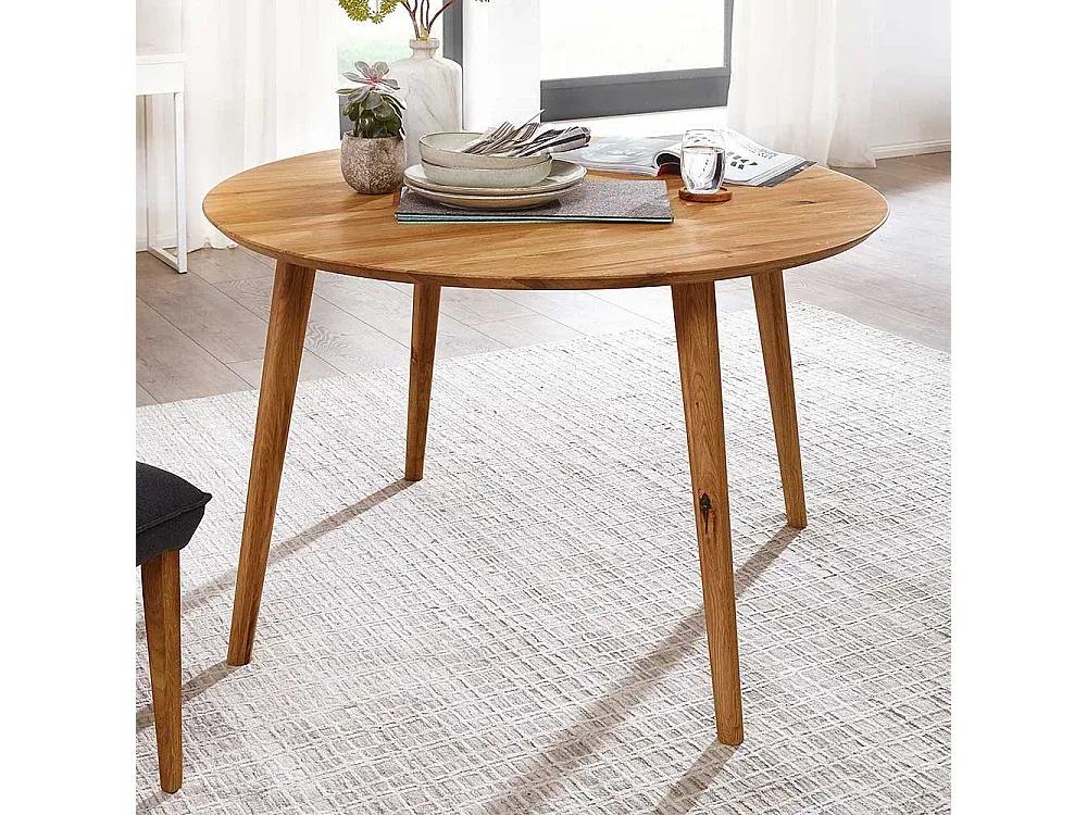 Runder Esstisch in Holzoptik mit schwarzer Basis, 90 cm