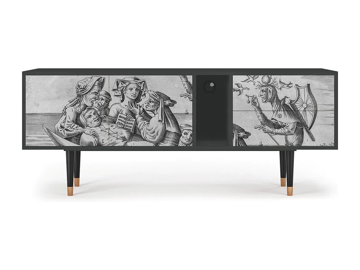 Moderner TV-Schrank mit Kabelführung und Schublade in Weiß/Schwarz