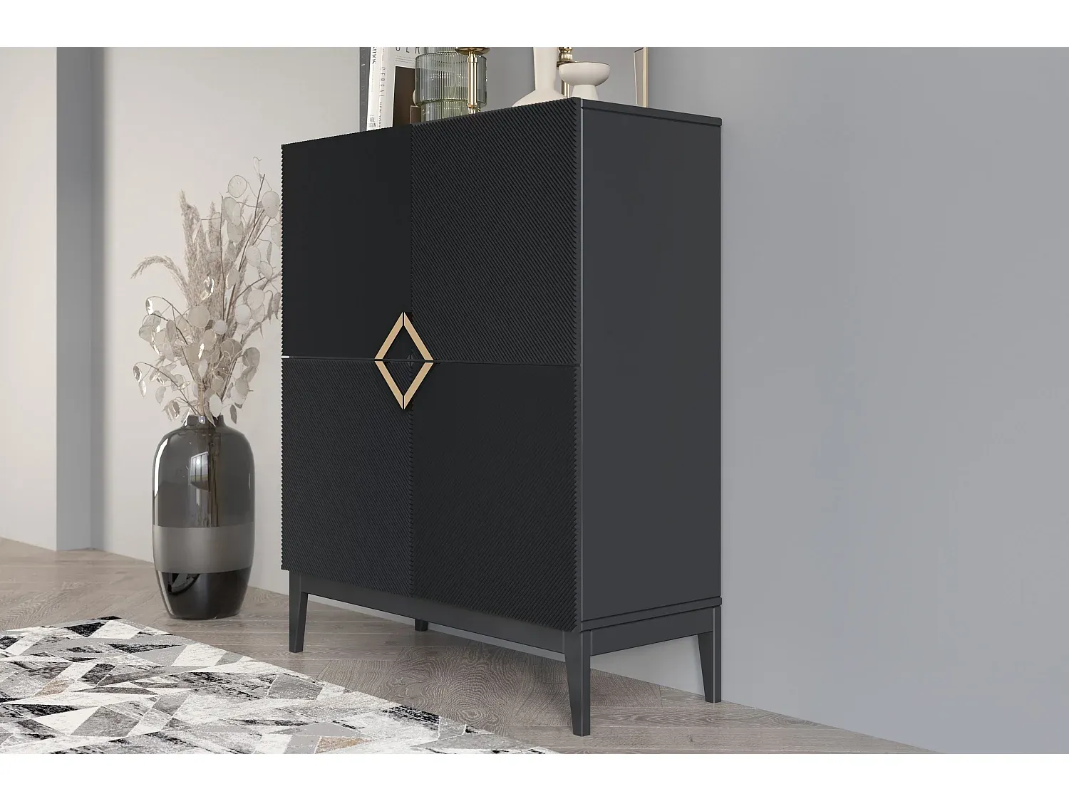 Moderne Kommode mit 3 Türen und Metallrahmen, Blaumatt