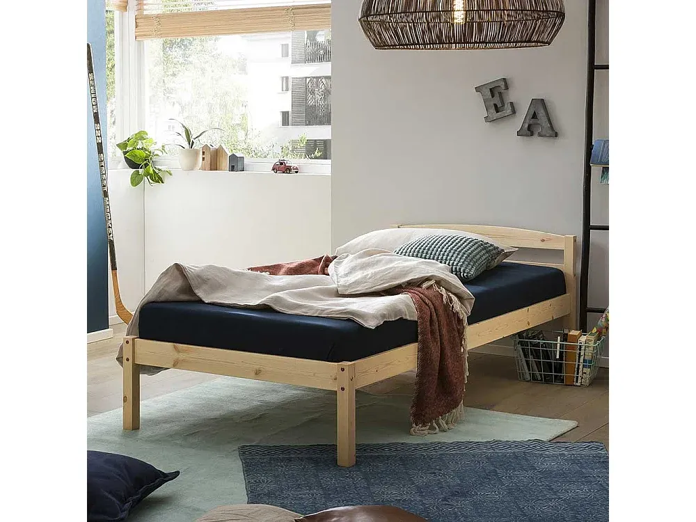 Massivholz Doppelbett aus Kernbuche mit Kunstlederkopfteil in Beige