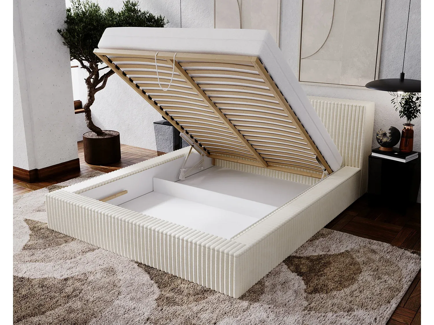 Polsterbett mit Bettkasten 160x200 aus Samtstoff in Blau