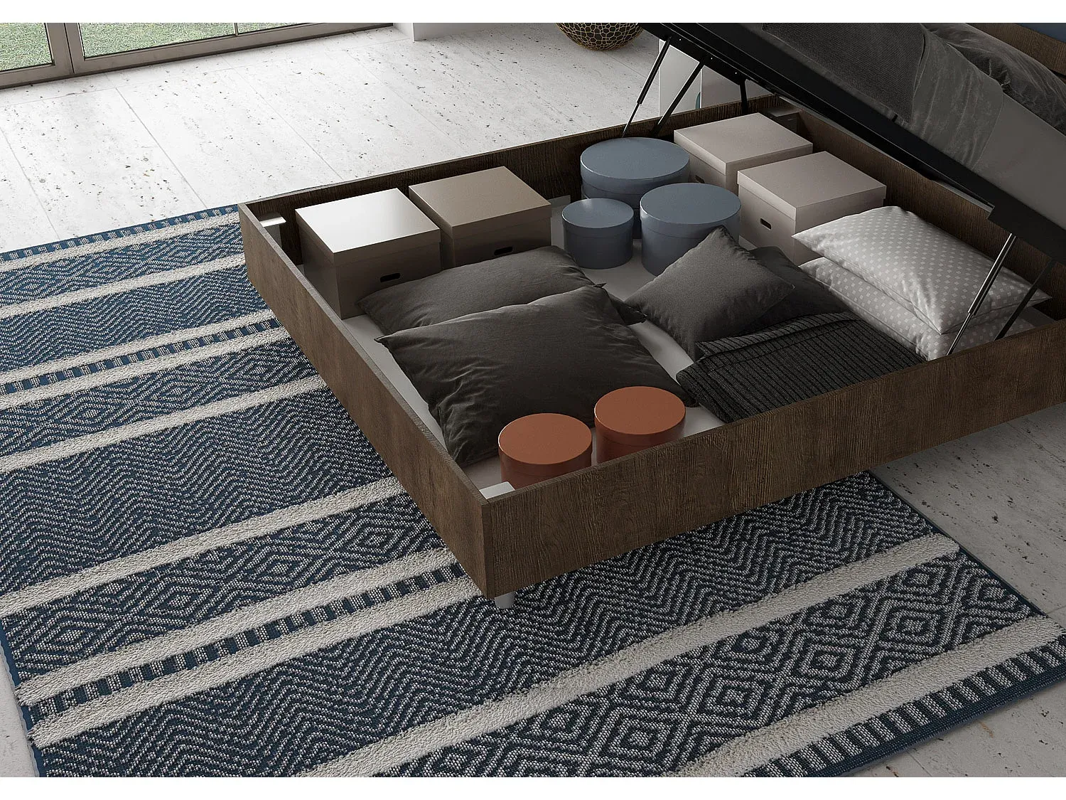 Gepolstertes Bett mit Stauraum und Kunstlederbezug in Weiß, 140x190 cm