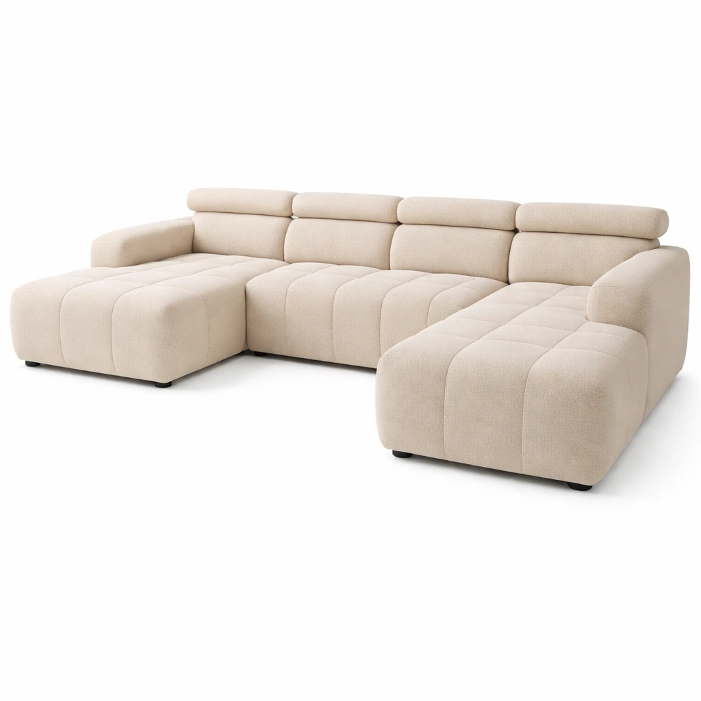 Moderne U-Form Wohnlandschaft mit verstellbarer Rueckenlehne und Sitztiefe, Grosses Ecksofa 359 x 228 x 80 cm, Beige-vorqira