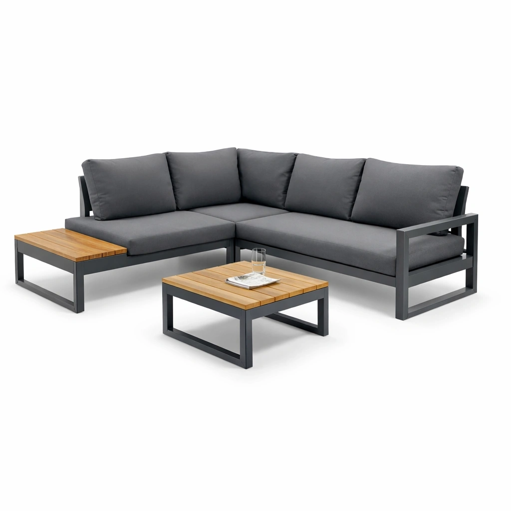 Garten Lounge Set Ecksofa L-Form mit Tisch Outdoor Sitzgruppe mit Holzoptik Ablagen und Kaffeetisch Anthrazit 3-teilig-vorqira