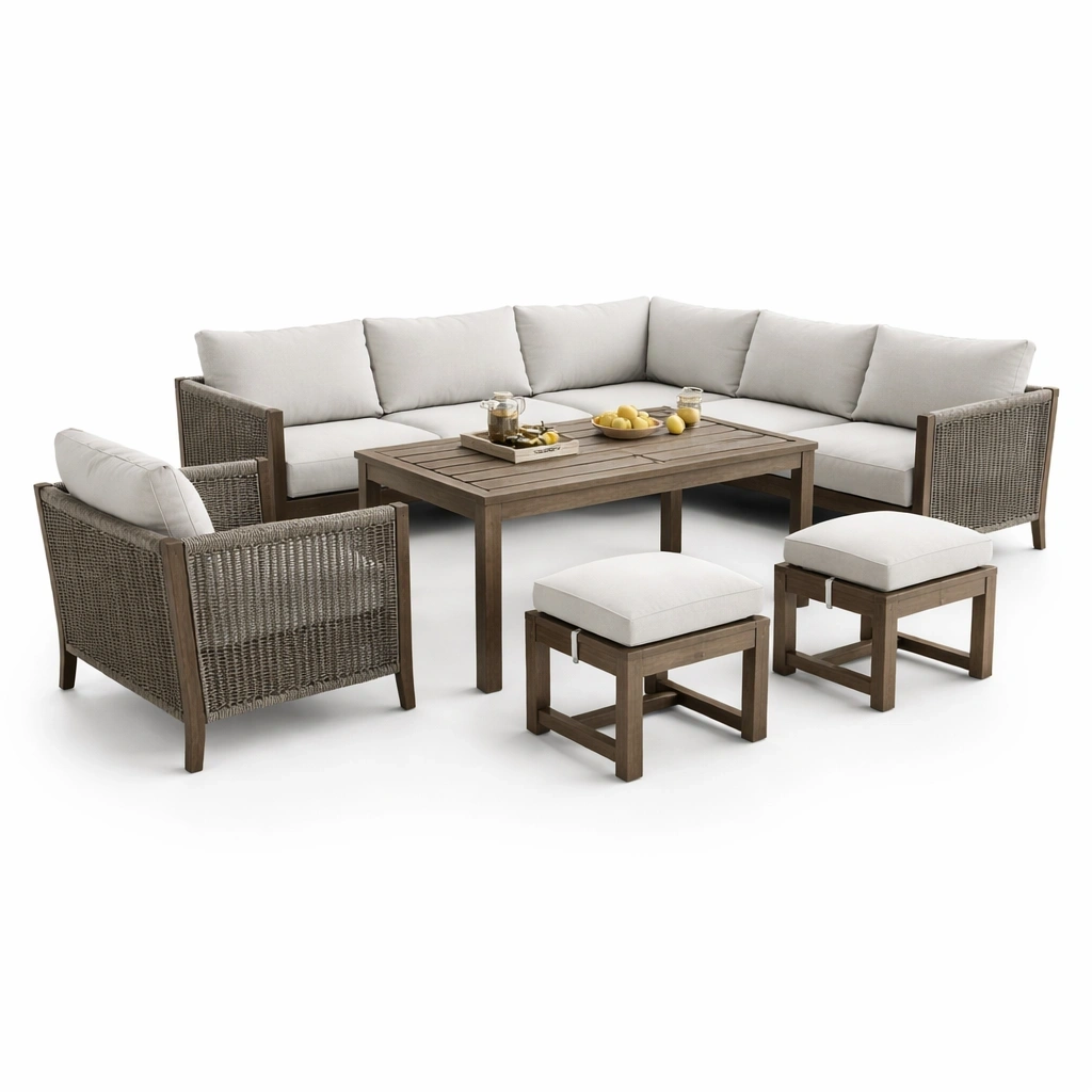 Gartenmoebel Set fuer 7 Personen, Essgruppe Outdoor mit 3 Sitzer Sofa, 2 Einzelsessel, 2 Hocker und Tisch, Holzoptik mit Polsterkissen, modern-vorqira
