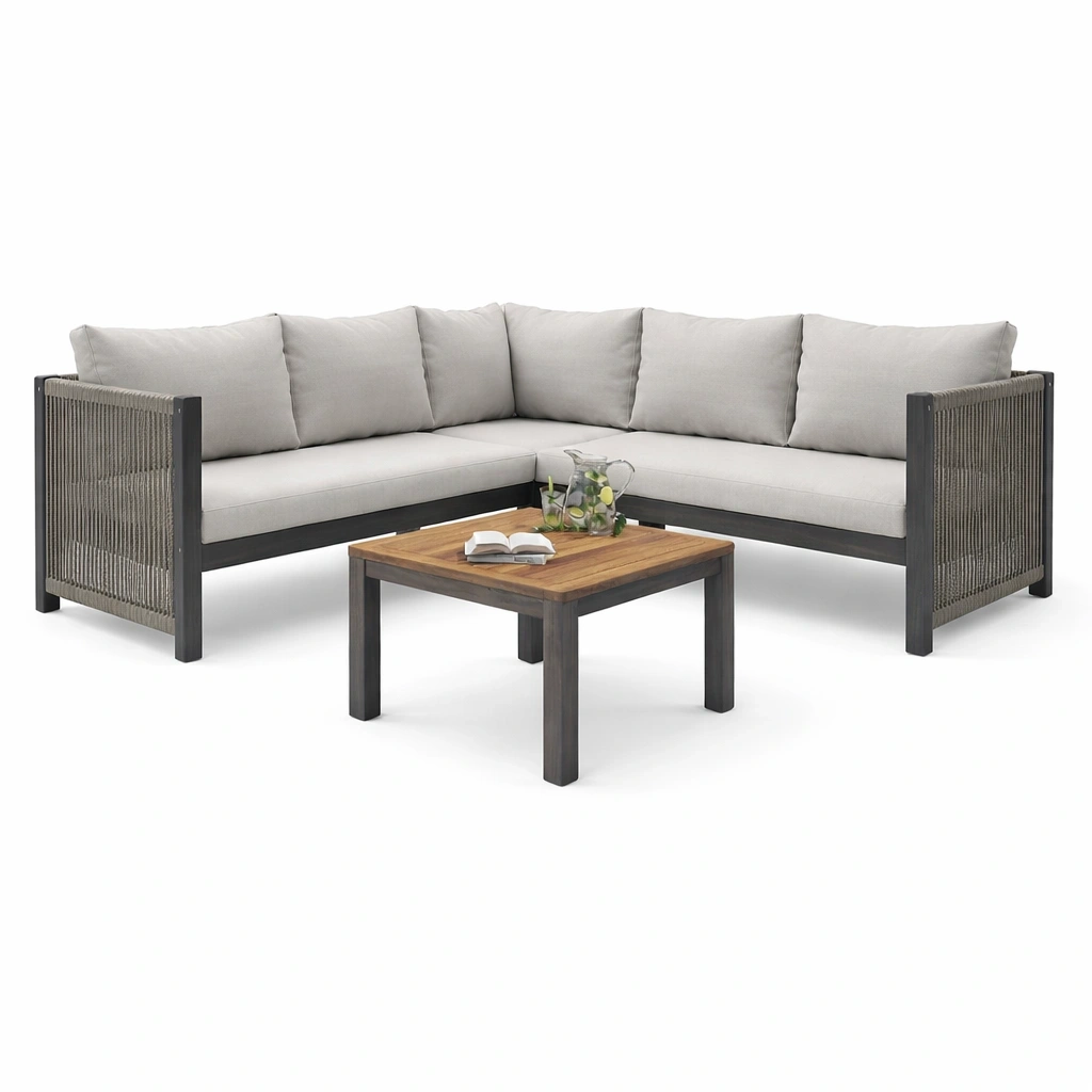 Modernes L-Form Garten Sofa Set mit Tisch, Outdoor Lounge Sitzgruppe fuer 4-6 Personen, Wetterfestes Ecksofa-vorqira