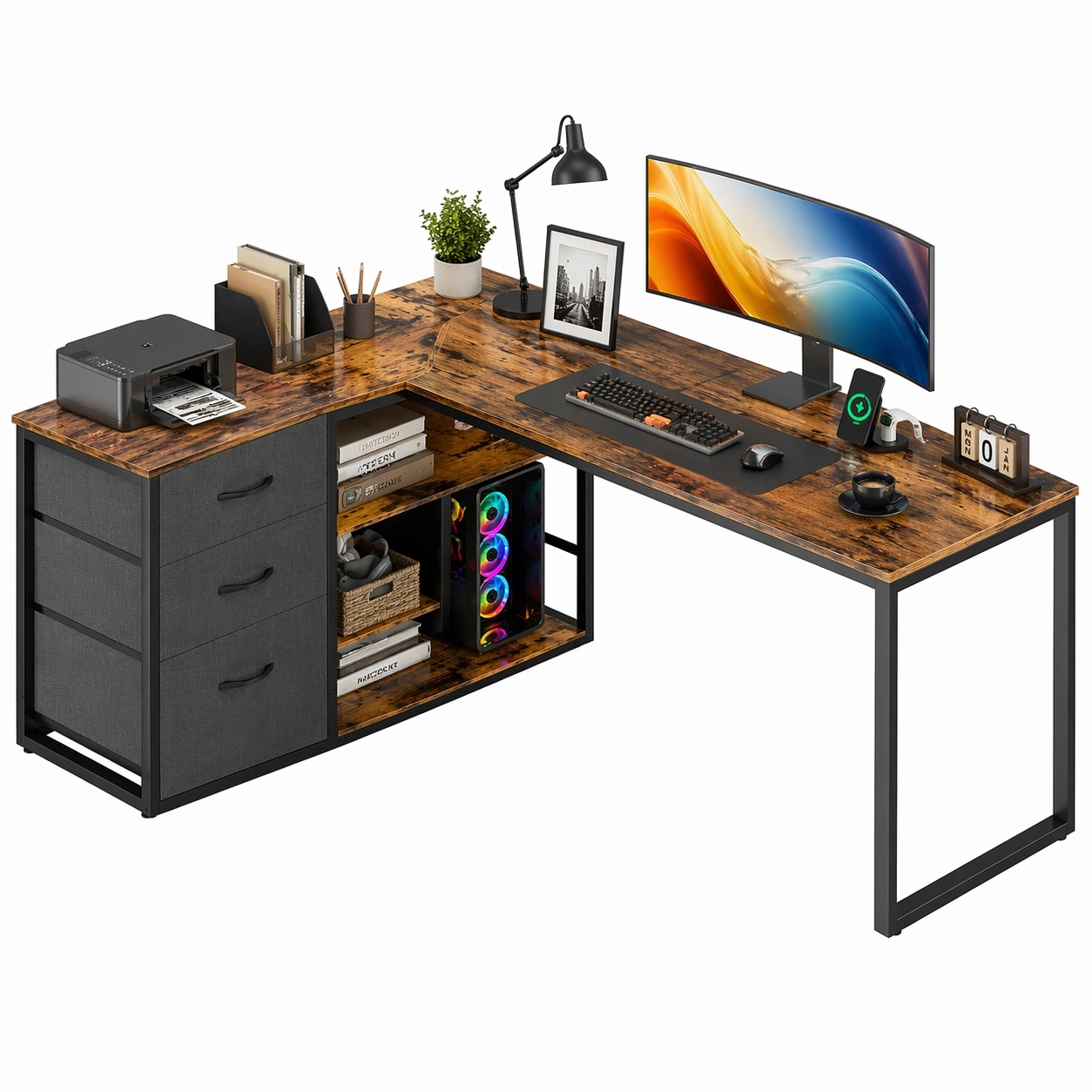 L Form Schreibtisch mit 3 Schubladen und Regalen, Eckschreibtisch reversibel mit USB und Steckdosen, Home Office Tisch �C Holzoptik Braun-vorqira