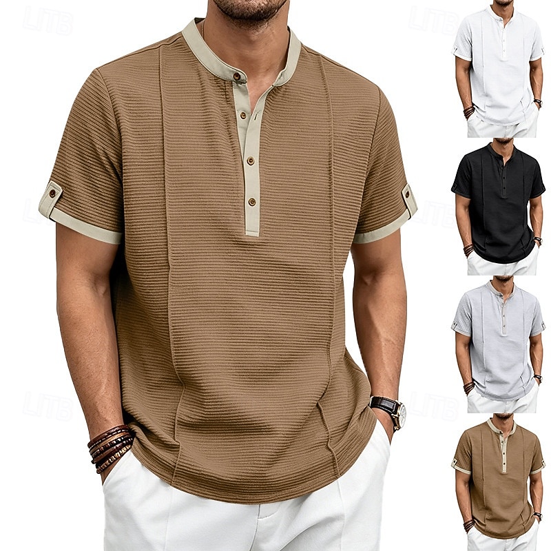 Men's Henley Collar Knit Short-Sleeve T-Shirt, Solid Color, Casual Everyday Wear