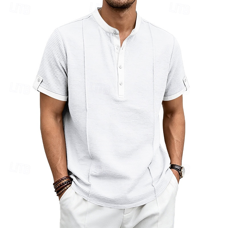Men's Henley Collar Knit Short-Sleeve T-Shirt, Solid Color, Casual Everyday Wear