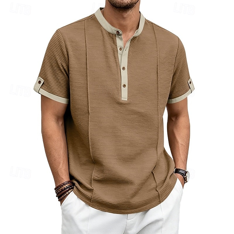 Men's Henley Collar Knit Short-Sleeve T-Shirt, Solid Color, Casual Everyday Wear