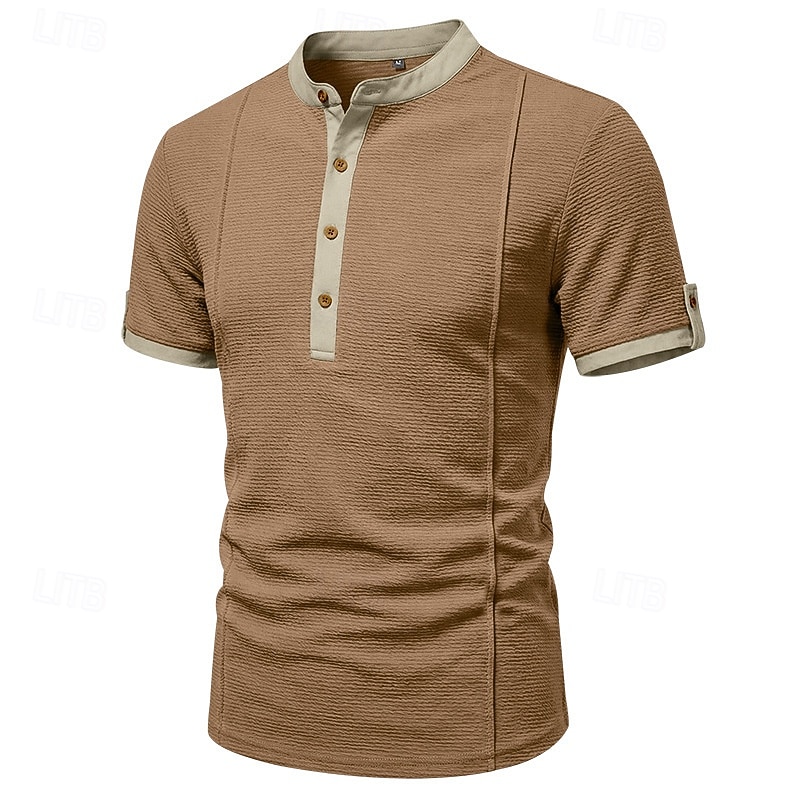 Men's Henley Collar Knit Short-Sleeve T-Shirt, Solid Color, Casual Everyday Wear