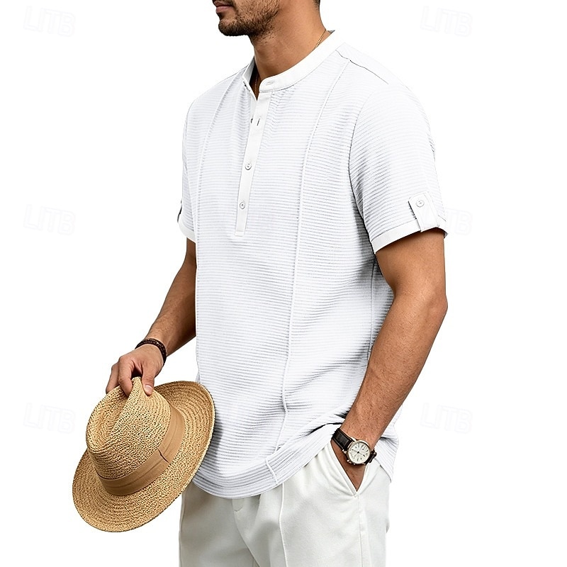 Men's Henley Collar Knit Short-Sleeve T-Shirt, Solid Color, Casual Everyday Wear