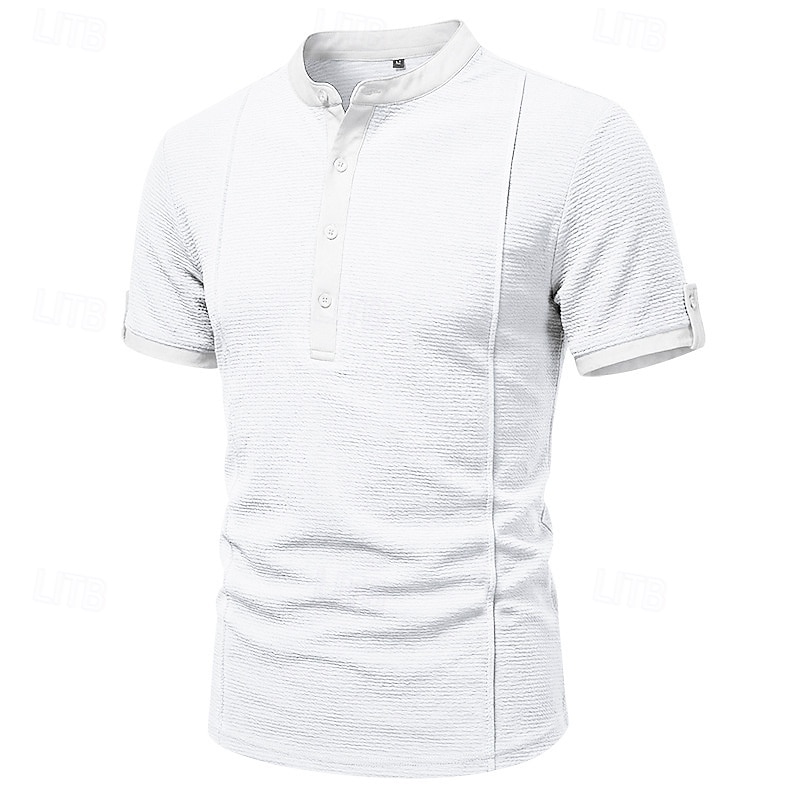 Men's Henley Collar Knit Short-Sleeve T-Shirt, Solid Color, Casual Everyday Wear