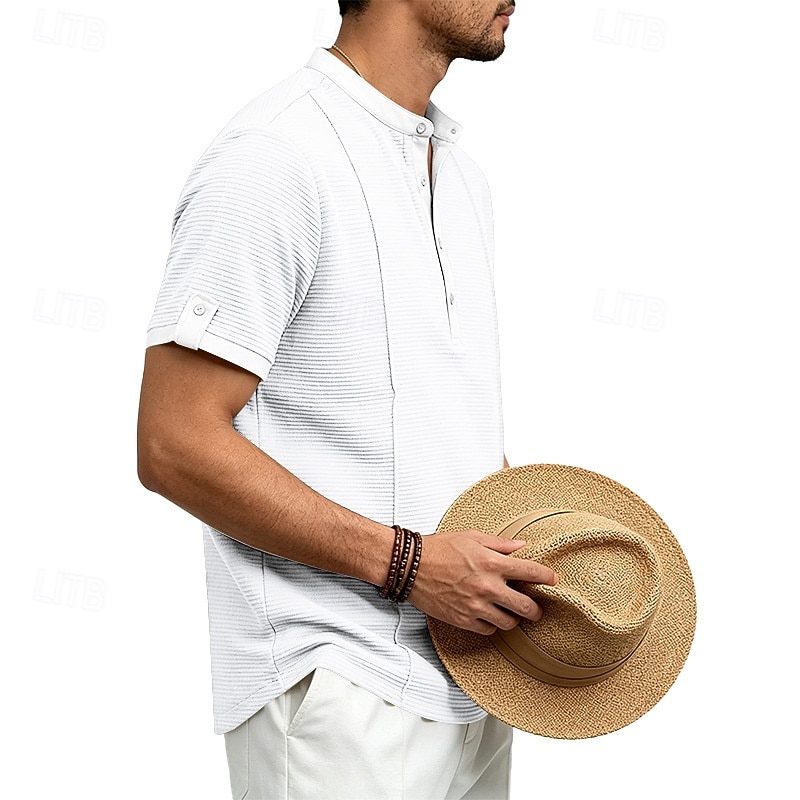 Men's Henley Collar Knit Short-Sleeve T-Shirt, Solid Color, Casual Everyday Wear