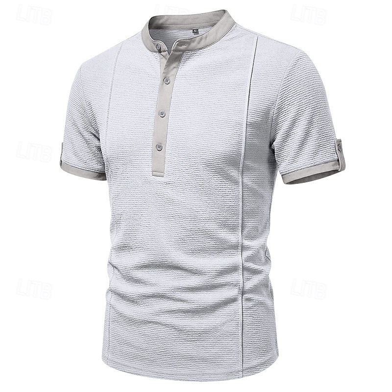 Men's Henley Collar Knit Short-Sleeve T-Shirt, Solid Color, Casual Everyday Wear