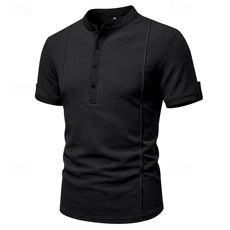 Men's Henley Collar Knit Short-Sleeve T-Shirt, Solid Color, Casual Everyday Wear