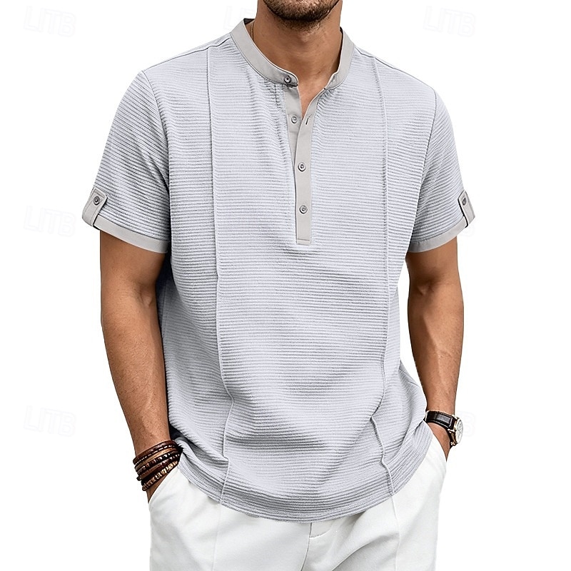 Men's Henley Collar Knit Short-Sleeve T-Shirt, Solid Color, Casual Everyday Wear