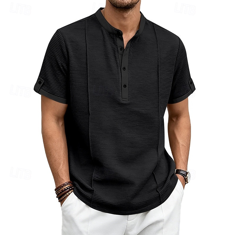 Men's Henley Collar Knit Short-Sleeve T-Shirt, Solid Color, Casual Everyday Wear