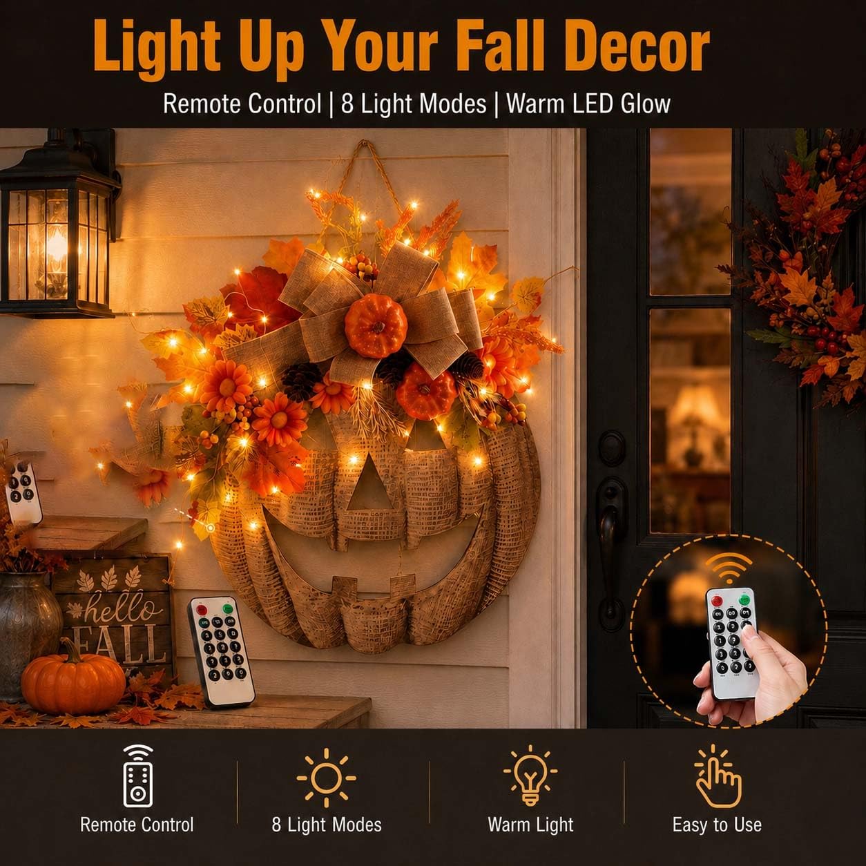 🎃 Remote Controlled LED Pumpkin Wreath | Farmhouse Fall Porch Decor ⭐672 Reviews | 60% Off Limited Time