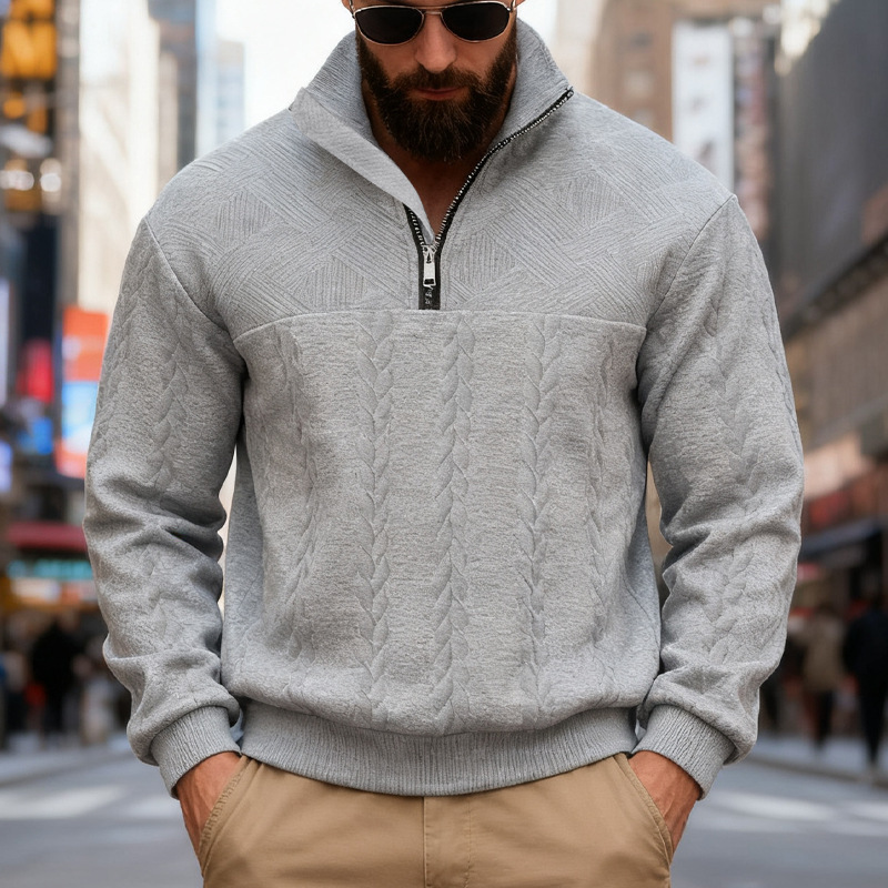 Men's Cable-Knit Quarter-Zip Stand-Collar Sweater