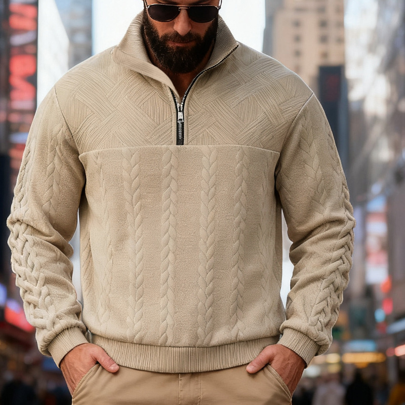 Men's Cable-Knit Quarter-Zip Stand-Collar Sweater