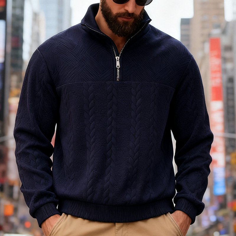 Men's Cable-Knit Quarter-Zip Stand-Collar Sweater