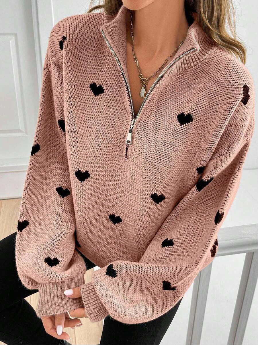 Women's Heart-Motif Half-Zip Knit Sweater - Pink