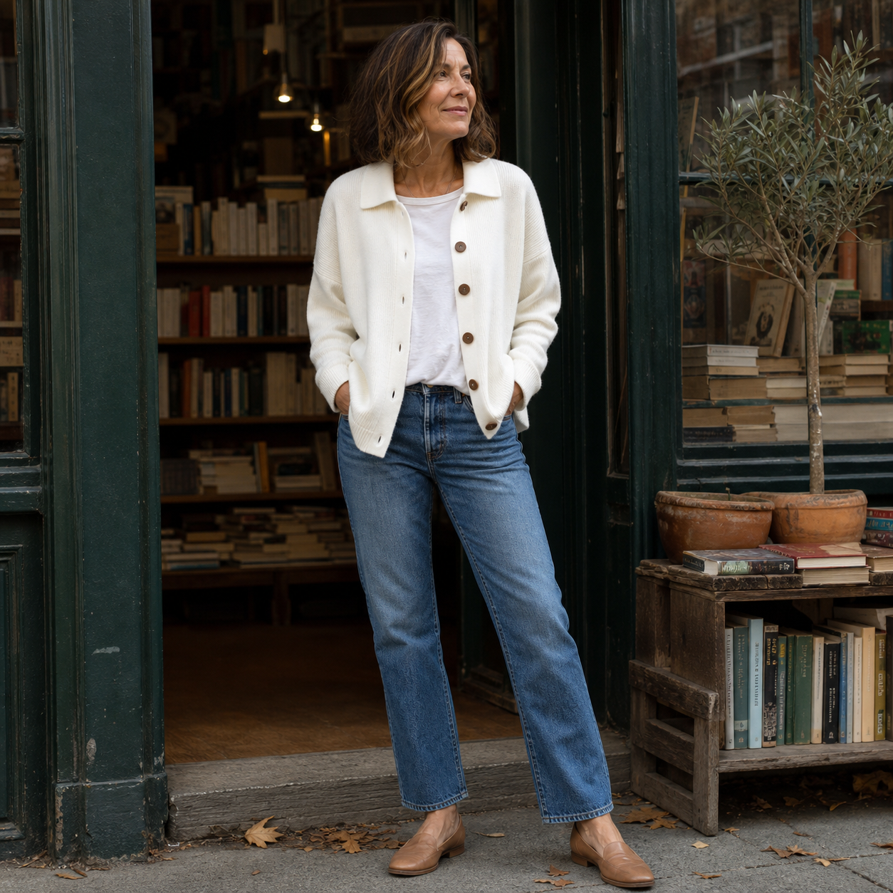 Woman wearing white collared ribbed cardigan