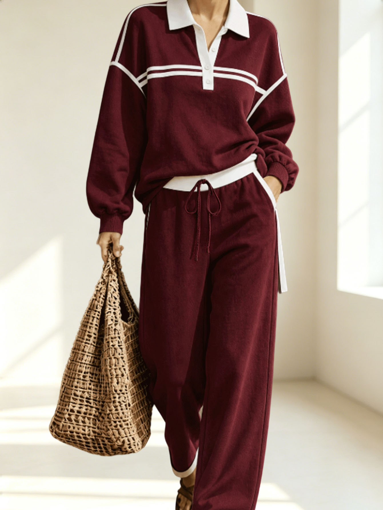 Burgundy contrast-trim collared pullover and drawstring pants set