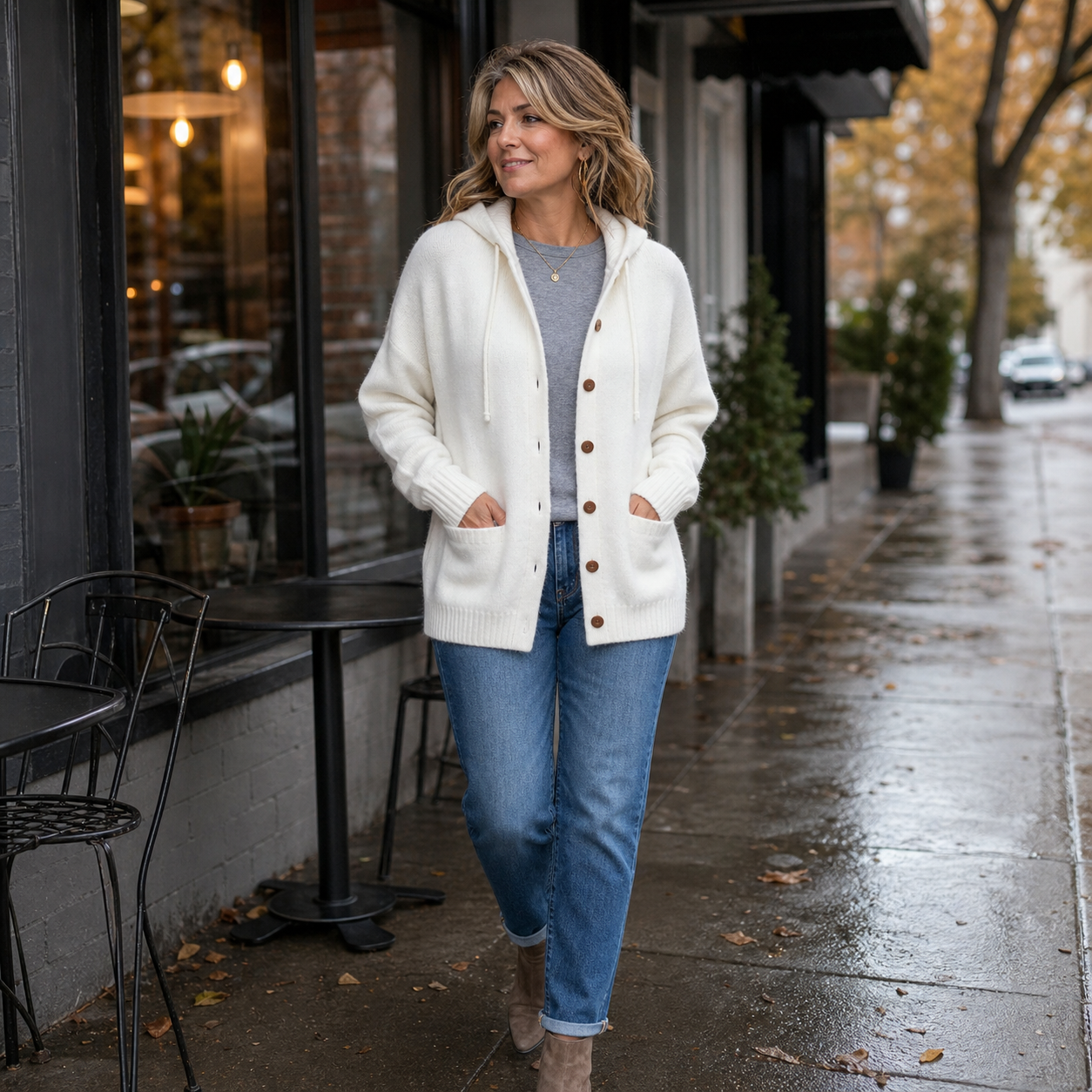 Woman wearing white hooded button cardigan