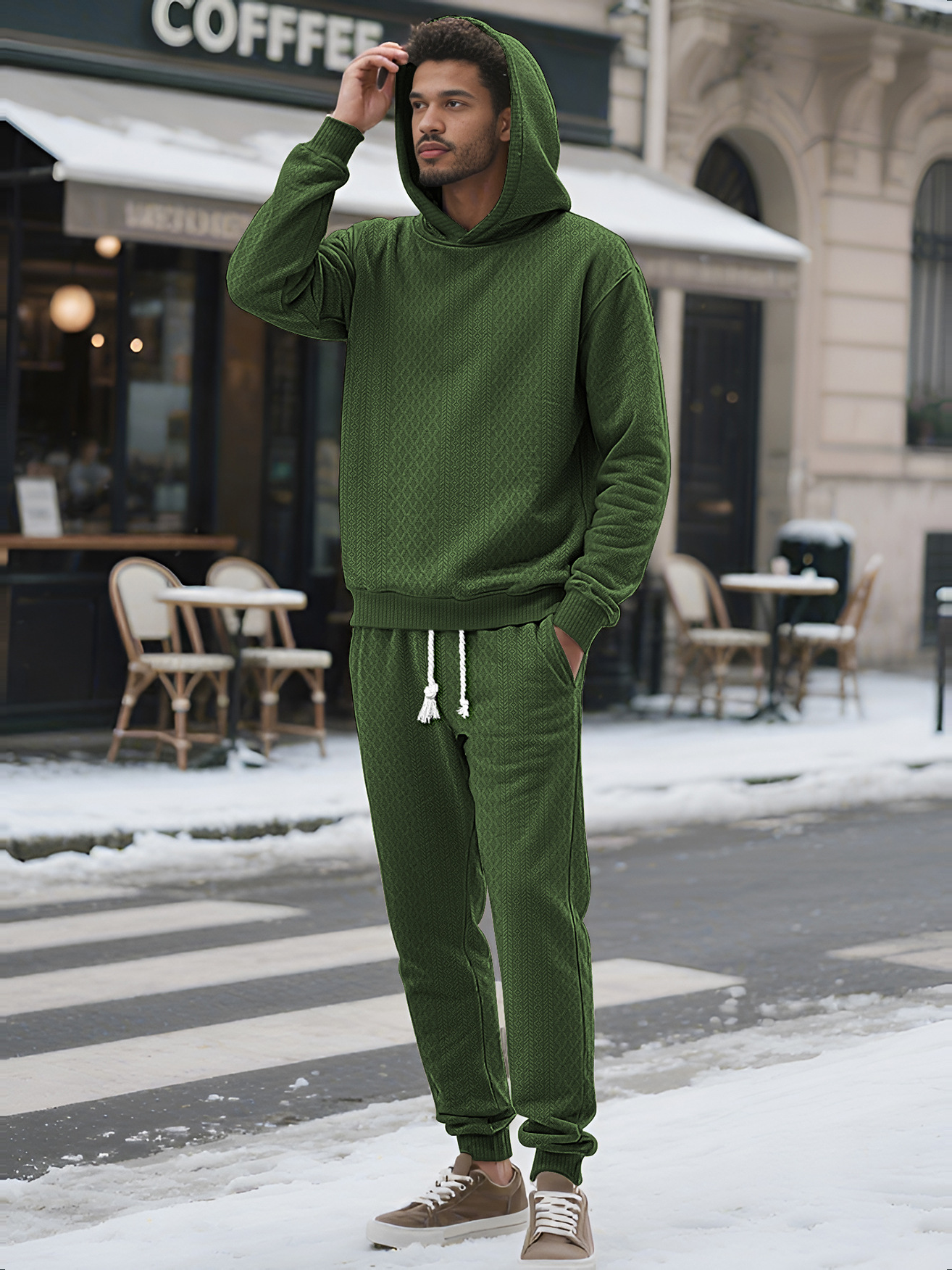 Men's Ribbed Hooded Pullover and Jogger Set - Dark Green