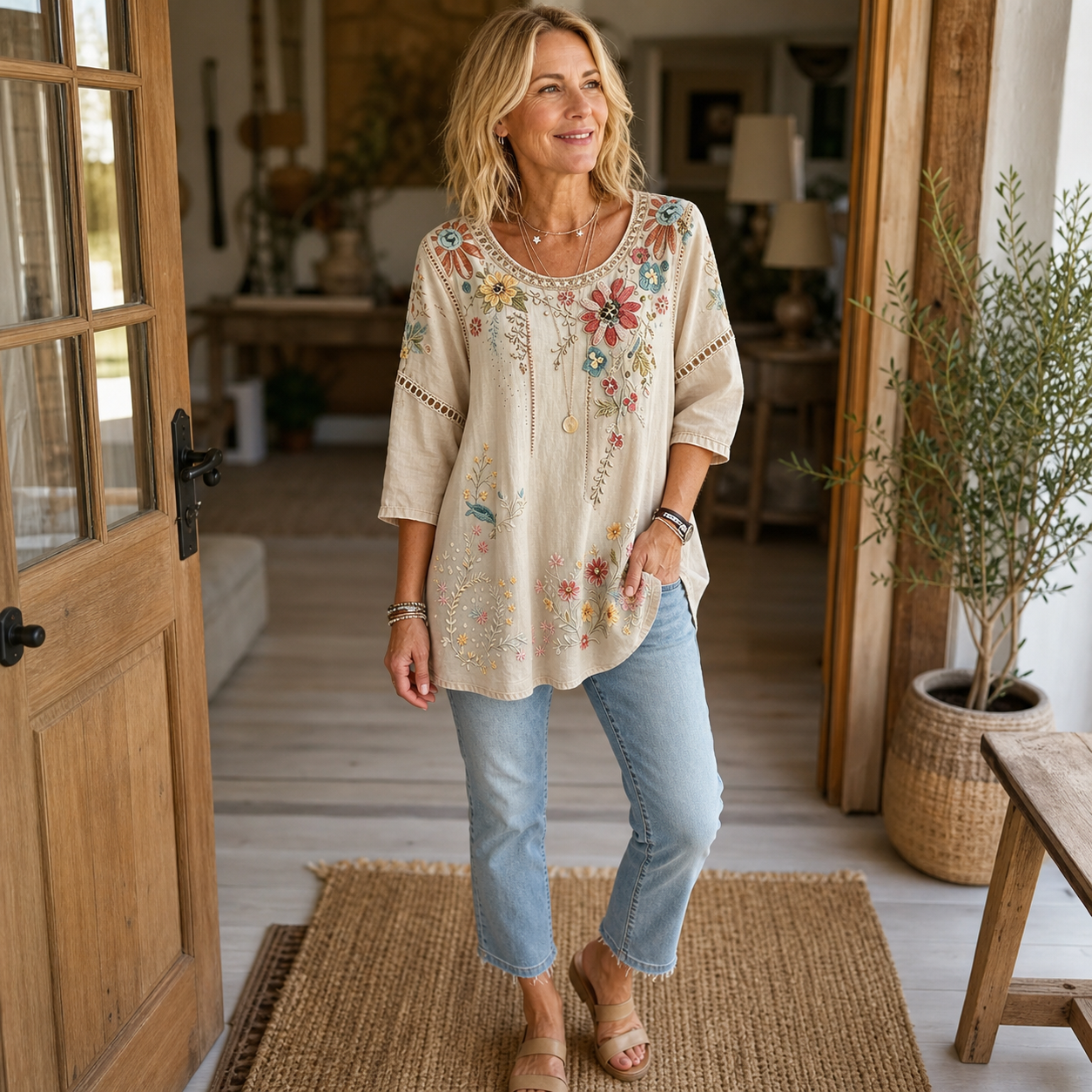Soft linen ease, with a little floral charm.