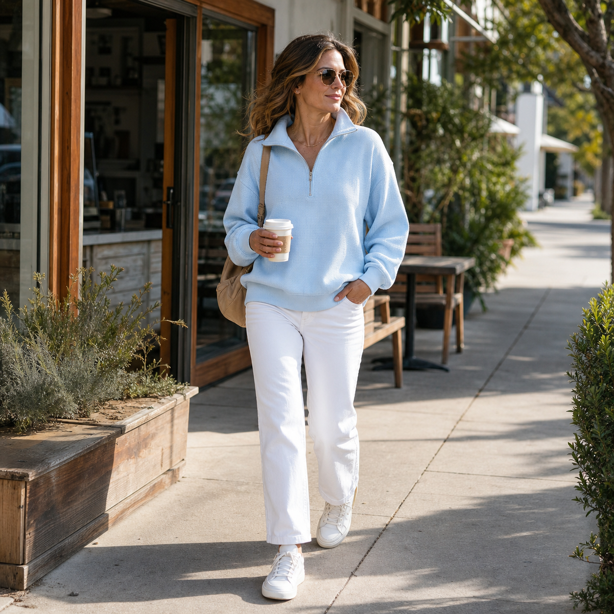 Woman wearing the sky blue waffle quarter-zip sweatshirt