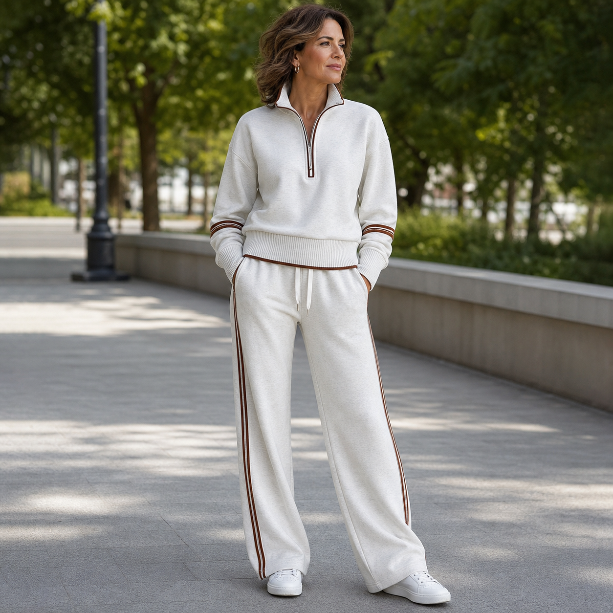 Woman wearing the Gray White half-zip sweatshirt and wide-leg pants set outdoors