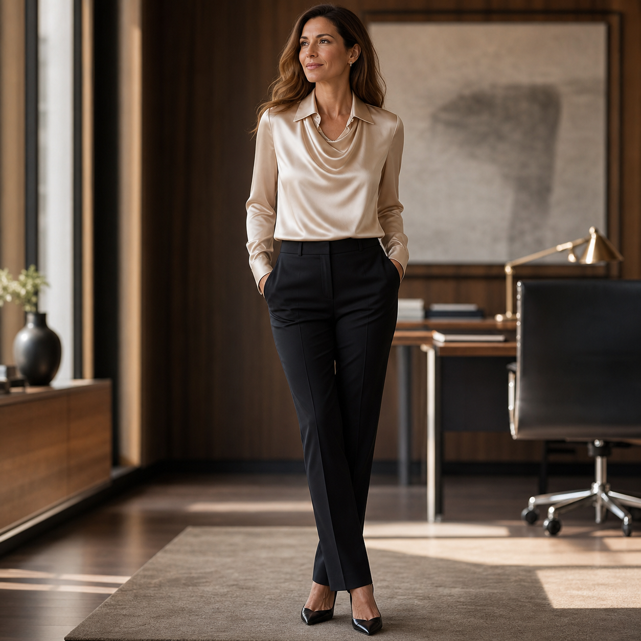 Woman wearing the Champagne satin blouse with black tailored trousers in an office