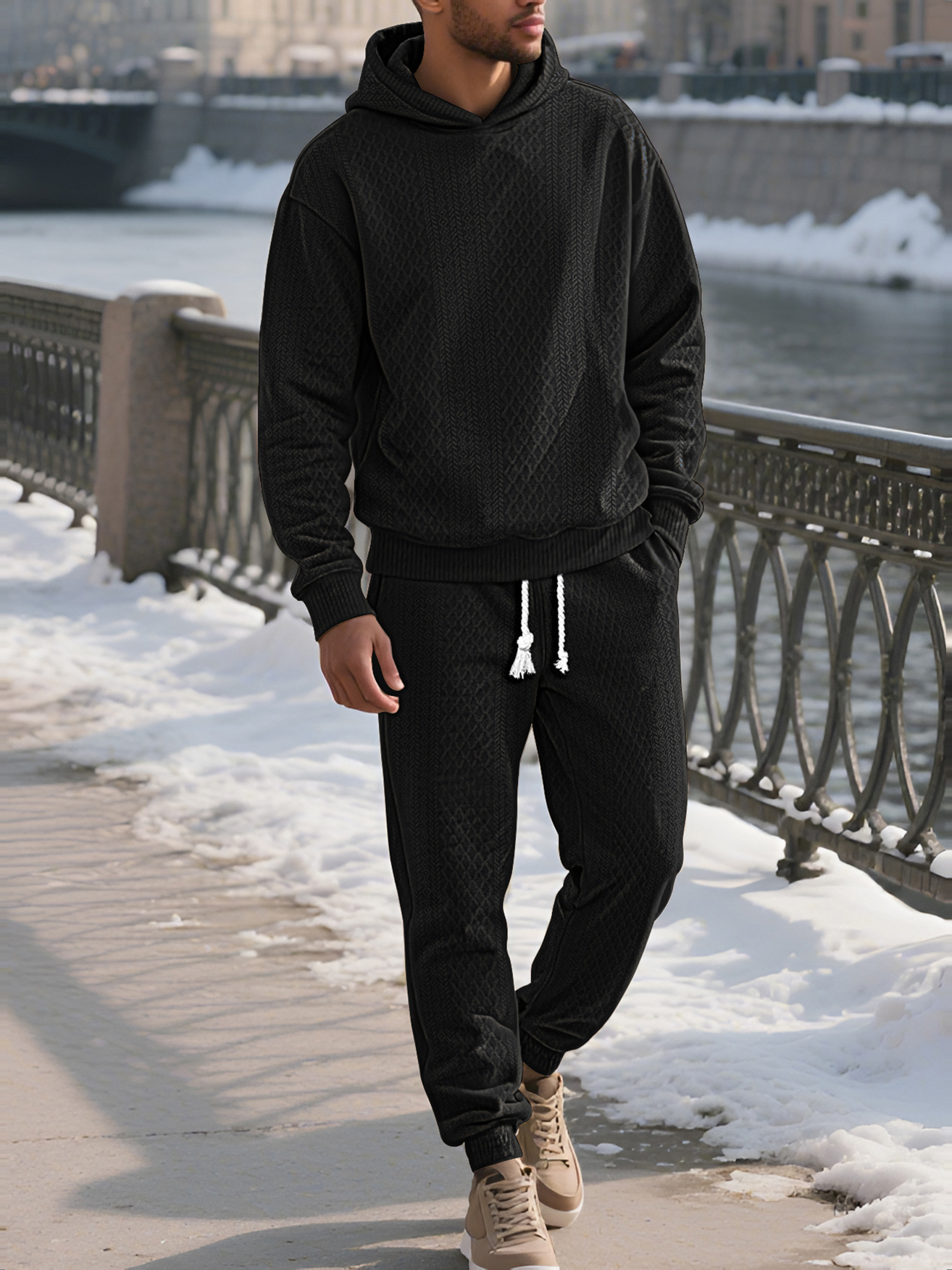 Men's Ribbed Hooded Pullover and Jogger Set - Black