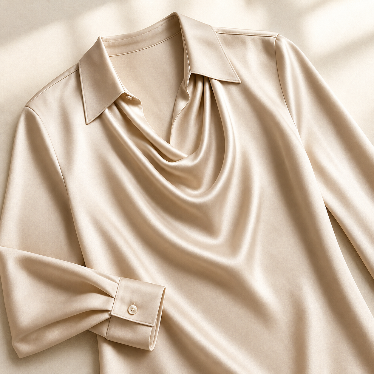Champagne satin blouse detail showing pointed collar, draped neckline and button cuff