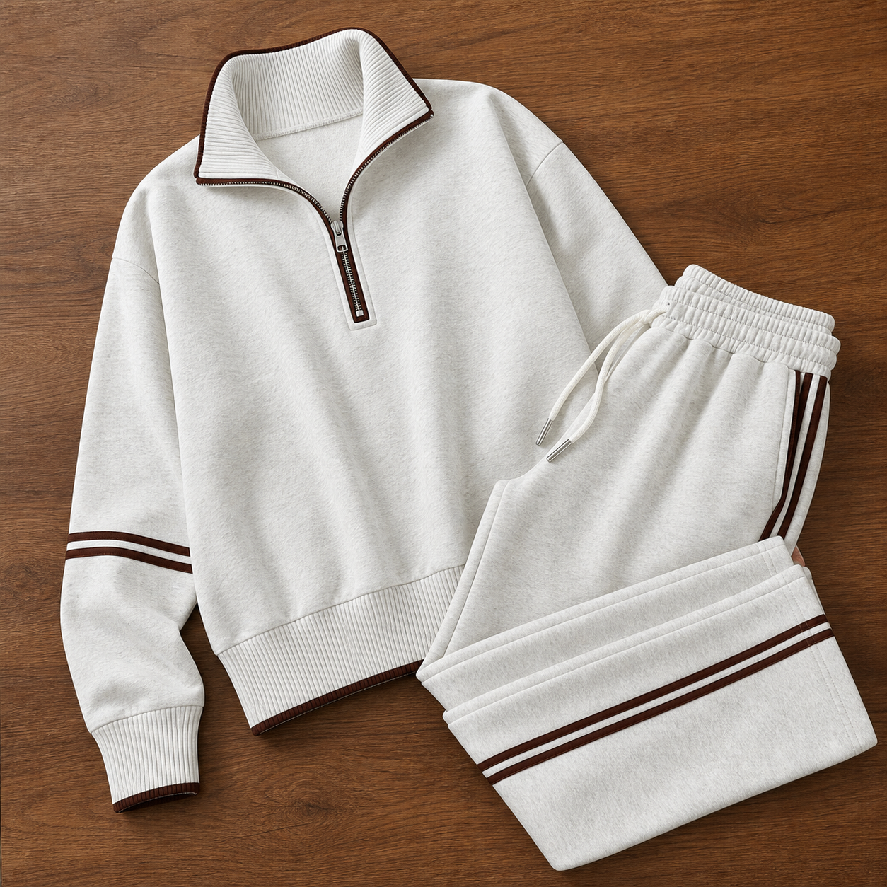 Gray White tracksuit detail with half zip, ribbed collar, drawstring and contrast stripes