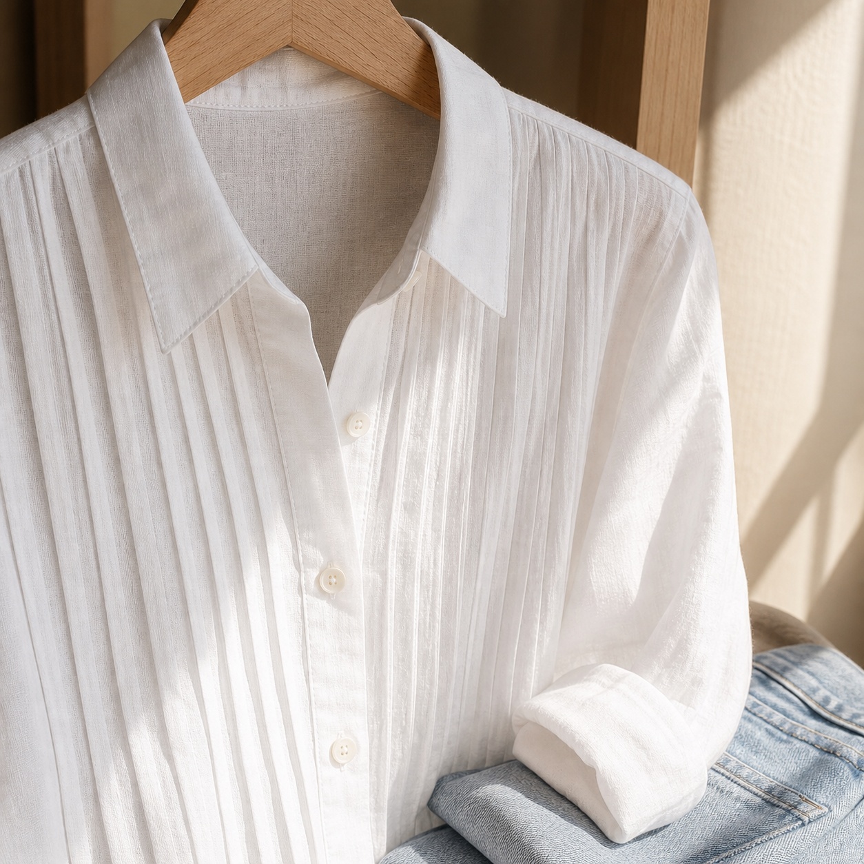 Close detail of the white shirt's collar, buttons, pleated front and woven cotton-linen texture