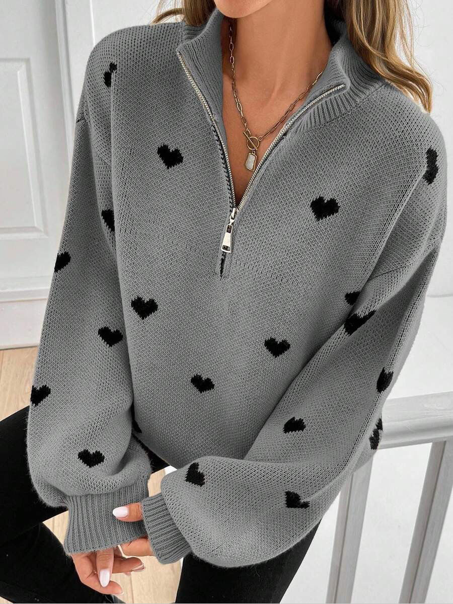 Women's Heart-Motif Half-Zip Knit Sweater - Grey