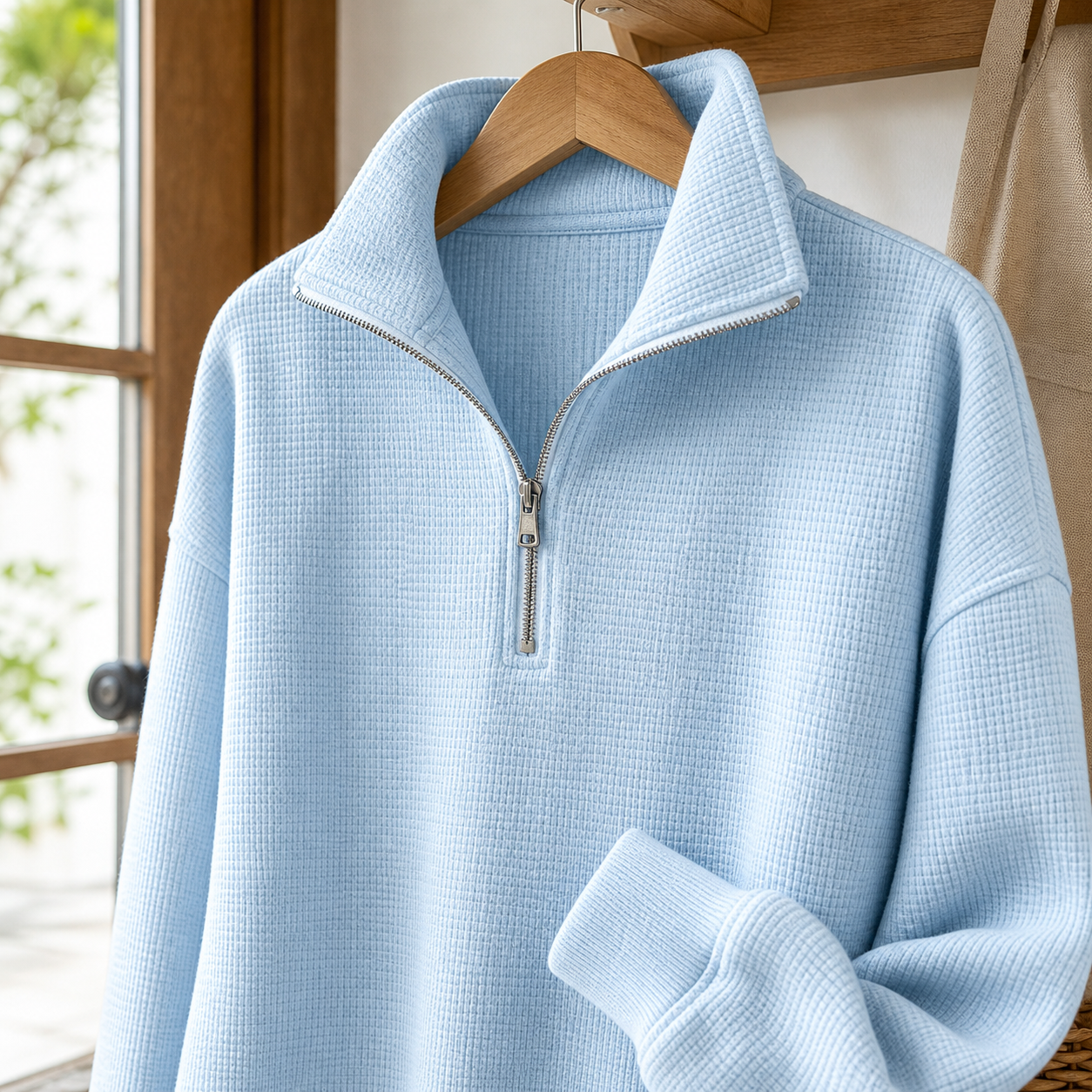 Waffle knit, collar and zipper detail