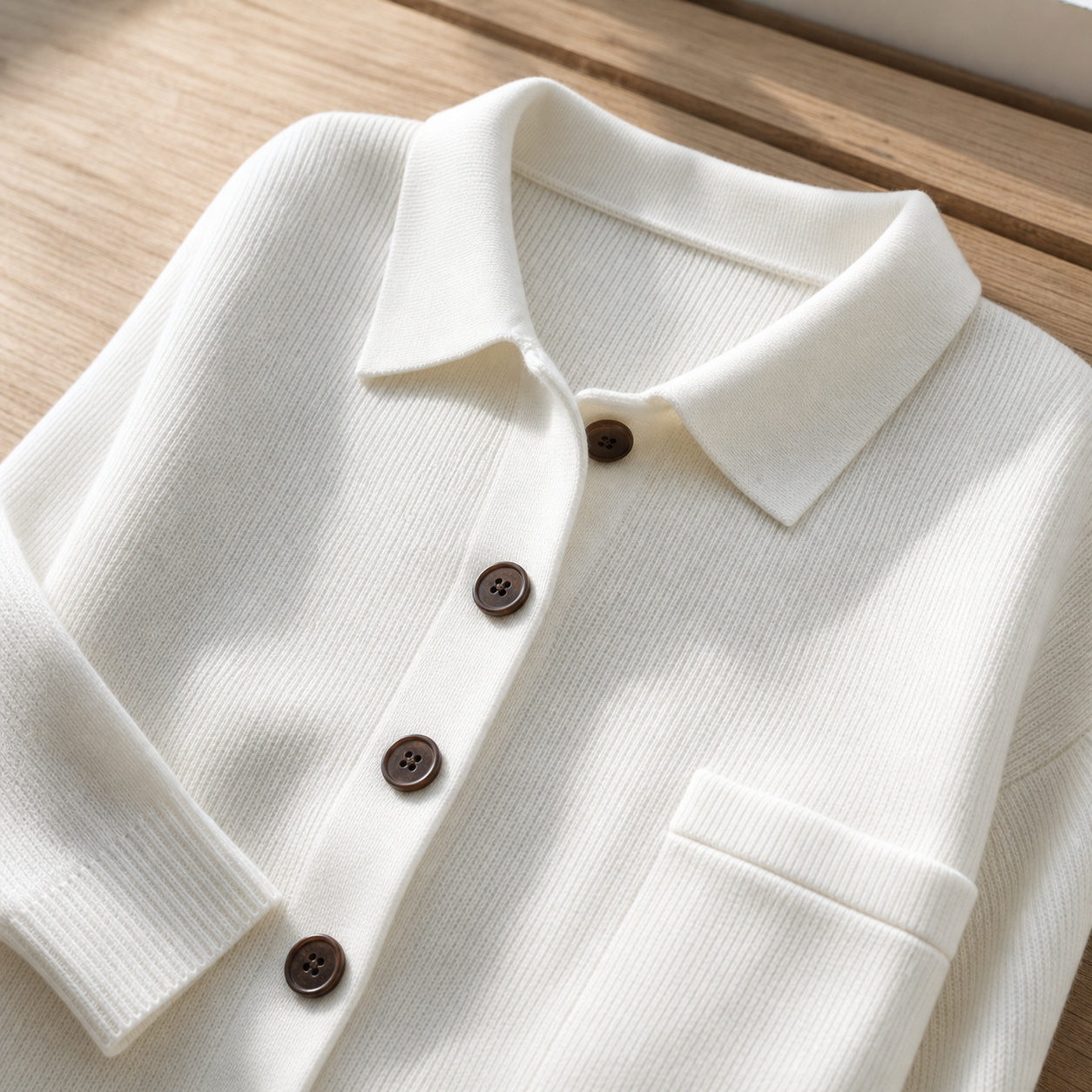 Ribbed knit collar and brown button detail