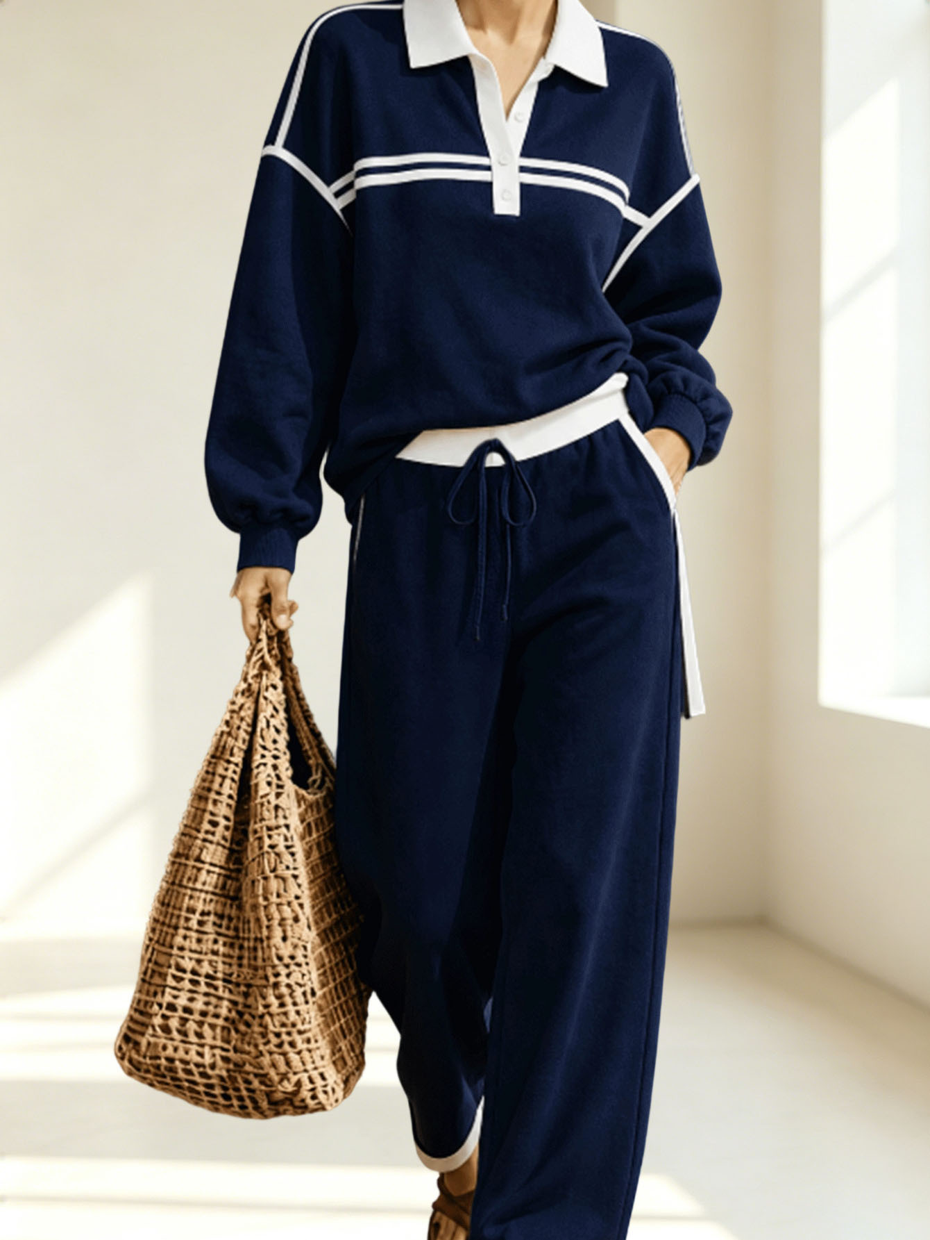 Navy contrast-trim collared pullover and drawstring pants set