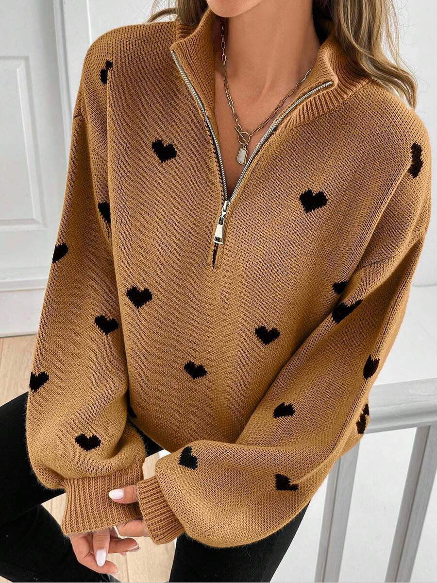Women's Heart-Motif Half-Zip Knit Sweater - Caramel Brown